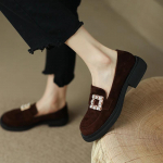 2024 Uued &Uuml;hev&auml;rvilised &Uuml;mara Ninaga Paksu P&otilde;hjaga Rhinestone Ruudukujulise Pandlaga Kaunistatud Naiste Kingad Vabaaja ja Mitmek&uuml;lgsed Naiste Kingad 40 pruun