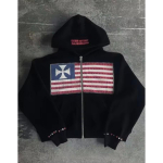 GLYDE Ameerika Mood Streetwear Gootiline Lipp Kivist Tikitud Lukuga Huppar Y2k Spleissitud &Uuml;le suuruse Vaba Puuvillane Dressipluus S must