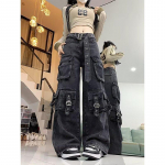 Naiste Y2k Ameerika Retro Mitme Taskuga Cargo teksap&uuml;ksid Ameerika Vintage Gyaru 2000ndate Esteetika Grunge teksap&uuml;ksid Sirged Denim P&uuml;ksid S must