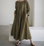 Vintage puuvillast ja linasest kangast pikad kleidid naistele S&uuml;gis &Uuml;hev&auml;rviline Pikkade varrukatega Boho Maxi kleit Taskuga L&otilde;tv tuunika s&auml;rgikleit XS roheline