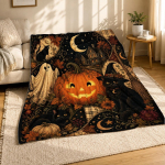 Halloweeni Must Kass ja K&otilde;rvits Korallfliisist Tekk 150cm*180cm