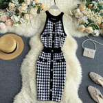 S&uuml;giskevadine seksikas naiste &uuml;he n&ouml;&ouml;biga varrukateta kootud kleit Vestidos Halter Houndstooth kuduv minikleit One Size must