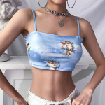 New Fashion Women camisole Sling Top Vest Varrukateta Cold Shoulder The Angel Of Cupid Print Short Camis Naiste suvetop S sinine