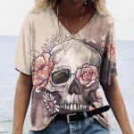 Skulls T-s&auml;rk naiste s&auml;rk Moodne l&uuml;hikeste varrukatega uus vabaaja t-s&auml;rk naiste t&uuml;drukute riided V-kaelusega naiste T-s&auml;rk 3XL