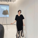 MODIQUE 2023 Summer Plus Size Uus naiste lahtine lapiline A-Line triibuline mock kaheosalised pikad kleidid Elegantne vabaaja puuvillane V-kaelusega l&uuml;hikeste varrukatega seelik XL must
