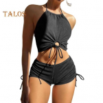 2 tk/komplekt Naiste suvine bikiinikomplekt, &otilde;&otilde;nsad p&auml;itsed rinnahoidja, k&otilde;rge v&ouml;&ouml;koha k&uuml;ljega pingutusn&ouml;&ouml;r, ujumisp&uuml;kste komplekt, ujumiskost&uuml;&uuml;m rannariided S must