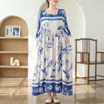 L&uuml;hikeste varrukatega Suures suuruses puuvillane satiin vintage lilleline uus kleit naistele vaba vaba pikk suvekleit