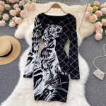 Vintage naiste sviiterkleit, v&auml;rviline pikkade varrukatega kootud kleidid naistele Tiger Diamond Jacquard Slim Vestidos Fashion Tide 2021 One Size must