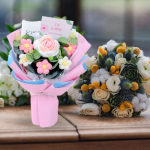 Valmis heegeldatud lillekimp Kunstlik kootud lilleroos kodu pulmade kaunistamiseks roosa