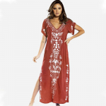 Suvine rannakleit Indie folk pool l&otilde;hikuga vabaaja pikk kleit Naiste ujumisriided, tikitud V-kaelusega l&uuml;hikeste varrukatega One Size punane