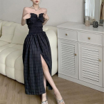 Naiste ruuduline Olkaimeta kleidid Naiste k&uuml;ljel&otilde;hikuga Midi Suvine Korea stiilis Fairycore A-kujuline igap&auml;evane pikk kleit S