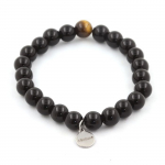 Pierres et Min&eacute;raux. Bracelet Perles Agate noire + Oeil de Tigre 8 mm. Fabriqu&eacute; en France.