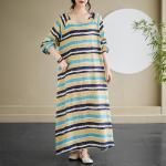 S&uuml;gisene Kirjanduslik Suurem Suurus Vaba Triibuline &Uuml;mara Kaelusega Pikkade Varrukatega Kleit Naised Kleidid one size