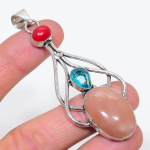 Natural Sunstone, Blue Topaz 925 Sterling Silver Jewelry Pendant 3.19 e6i81
