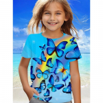 Lasteriided, l&uuml;hikeste varrukatega t&uuml;drukute T-s&auml;rk liblikamustriga, armas &uuml;mara kaelusega t&uuml;drukute topp, laste suveriided, 100CM