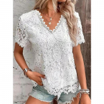 Suvine t&uuml;drukute mood Elegantne seksikas V-kaelusega pits, l&uuml;hikeste varrukatega naiste v&auml;lir&otilde;ivad, &otilde;&otilde;nsad pluusid, puhkuse t&auml;navar&otilde;ivad S must