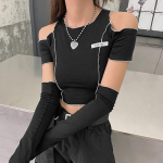Patchwork Mustad T-s&auml;rgid Gooti &uuml;he &otilde;laga varrukatega Y2k Crop Tops Volangid Hem Hip Hop Techwear Naiste T-s&auml;rgid L