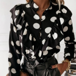 Kevadine ja s&uuml;gisene naiste pullover-polo, &uuml;hev&auml;rviline, t&auml;pilise kontrastiga, volangidega, n&ouml;&ouml;pkinnisega, kroogetega, laternvarrukatega pikkade varrukatega T-s&auml;rk, aluss&auml;rk 5XL aprikoosi