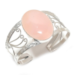 Natural Rose Quartz Gemstone 925 Sterling Silver Cuff Bangle Adjustable k0c70