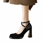 Naiste Retro Spuare Toe Turske platvormi pumbad Crossover Strappy &uuml;he kinga k&otilde;rged kontsad Naine Mary Jane pannal Paksu kontsaga kingad 35