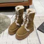 Naiste 2025. aasta talve uued paksud pl&uuml;&uuml;s-soojad 7 cm paksuse taldaga lumesaapad, mood khaki seemisnahast nahast pools&auml;&auml;reni t&uuml;drukute puuvillased kingad 35