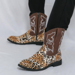 Moodne disainer Meeste Retro L&auml;&auml;ne Kauboi Saapad Meeste Leopard Plaaster Tikand Keskmise s&auml;&auml;rega Nahast Saabas Disainer Vabaaja Jalan&otilde;ud 38