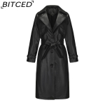 BITCED kevad/s&uuml;gis naiste trenchcoat - pikk, lai tegumoega PU-nahast jakk, klassikaline naiste kraega pikkus, v&ouml;&ouml;ga S must