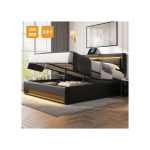 Polsterdatud voodi - MUVOE - 140x190 cm - USB - LED-valgustus - Voodialune panipaik must