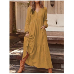 Vintage Boho Naiste Maksipikk Kleit Pikkade Varrukatega V-kaelus N&ouml;&ouml;bitav Lahtine Puuvilla-linasegu Taskutega Kleit S&uuml;gis Talv R&uuml;&uuml; Femme XL kollane