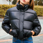 Talvemantel Naiste jope S&uuml;gis Paks Soe L&uuml;hike PU-nahast Elegantne Puffer Parkas T&auml;navar&otilde;ivad Crop Bubble &Uuml;ler&otilde;ivad M must