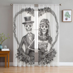 Art Skull K&auml;sitsi joonistatud l&auml;bipaistvad kardinad elutuppa T&uuml;llkardinad k&ouml;&ouml;giakna jaoks Voile kardinad 135W x 114H(cm)