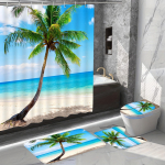 4 tk du&scaron;ikardinate komplekt Ilus rannakookospalm suvesaare troopilise mustriga libisemiskindlad vaibad WC kaane kate ja vannimatt Vannitoa sisustuskomplekt Beach Resort Style