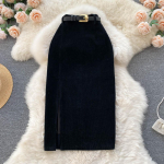 Naiste Korea l&otilde;hestatud pikk seelik, velvetist &otilde;huke, paks t&auml;navariietus, vintage s&uuml;gisene bodycon seelik S must