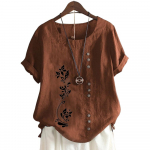 Stiilne naiste puuvillane l&uuml;hikeste varrukatega topp &uuml;mmarguse kaelusega 11 lillega S kohv