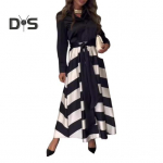 Daamile pendeldamise kleit Alla keeratav krae A-jooneline triibuline tr&uuml;kis, suur kiik, pikad varrukad, pits-lips v&ouml;&ouml;koht ametlik &auml;ristiilis kontorimaksikleit S must valge v&auml;rv