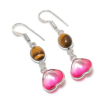 Natural Bi-Color Tourmaline, Tiger Eye 925 Sterling Silver Earring 1.85 u1u28