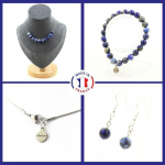 Pierres et Min&eacute;raux. Parure Bracelet Collier Boucles D'oreilles Pendantes 10 perles Lapis Taille personnalisable.