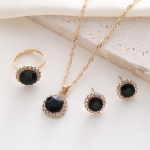 Naiste Shein popp &uuml;mmarguste teemant-tsirkoonkividega ehtekomplekt: Kaelakee, k&otilde;rvar&otilde;ngad ja s&otilde;rmus. 3-piece set must