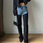 Naiste lapilised teksad, sirge k&otilde;rge v&ouml;&ouml;kohaga t&otilde;mblukuga taskud, pikad teksap&uuml;ksid, kevadised naiste moep&uuml;ksid High Street L sinine