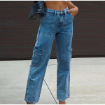 T&ouml;&ouml;p&uuml;ksid Mitmetaskulised teksap&uuml;ksid Naiste Sirge Toruga Cargo Denim Teksap&uuml;ksid Sirged P&uuml;ksid Lihtsad ja Vabaaja Moodsad Teksap&uuml;ksid S sinine