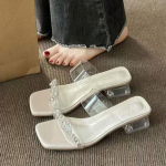 Lahedad sussid naiste v&auml;lisriided 2025 suvi uus paksu kontsaga strassidega haldjas tuul seelikuga kristall l&auml;bipaistvad keskmise kontsaga sussid 40 beež