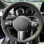 For BMW M Sport F10 F12 F30 F32 F34 F45 F22 F39 F15 F16 F25 F26 Suede Leather Trim red blue bar Car Steering Wheel Cover Blue Thread