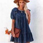 Naiste vabaaja laia l&otilde;ikega teksakleit volangidega - &Uuml;mmargune kaelus, volang&auml;&auml;rega l&uuml;hike minikleit S sinine