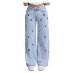 Kirsiprint Boheemstiilis Laiad teksap&uuml;ksid Laia s&auml;&auml;rega Keskmise v&ouml;&ouml;kohaga Denim-p&uuml;ksid T&otilde;mblukuga Lukk Elastne Size#M sinine