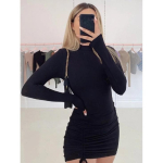 Pikkade varrukatega Ruched Bodycon kleit naiste kilpkonnaga sidemega minikleidid s&uuml;gismustad k&otilde;hnad venivad peovestid S must