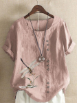 Suvine Casual Dragonfly Print Lahtine T-s&auml;rk Retro puuvillane ja linane O-kaelusega plusssuuruses l&uuml;hikeste varrukatega naiste topp XS-5XL XL
