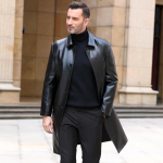 Meeste keskmise pikkusega nahast tuulejakk Keskealistele ja eakatele Nahast mantlid Business Casual Lapel Meeste nahkmantlid M must