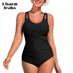 Charmleaks Tummy Control &uuml;hes t&uuml;kis naiste ujumistrikood Ruched supelkost&uuml;&uuml;mid Strappy V kaelusega Monokini XL must