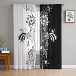 Must-valge lilleline l&auml;bipaistev kardin elutuppa Moodsad Voile t&uuml;lli aknakardinad magamistoa k&ouml;&ouml;gi kardinad 135W x 114H(cm)