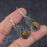 Natural Tiger Eye Gemstone Handmade 925 Sterling Silver Jewelry Earring 2 s1s64